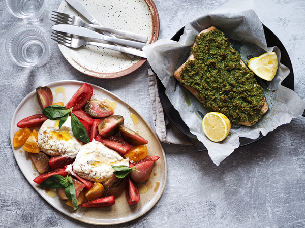 Almond and Basil Baked Salmon with Heritage Tomatoes and Burrata with Klara Risberg