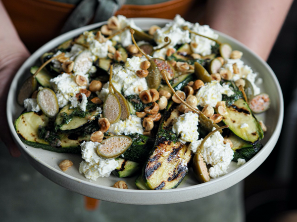 Grilled Courgette Salad with Ricotta, Toasted Hazelnuts and Anchovy Dressing with Klara Risberg