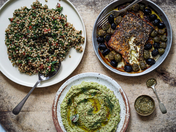 Za’atar Baked Feta with Giant Couscous Tabbouleh and Green Pea Hummus with Klara Risberg