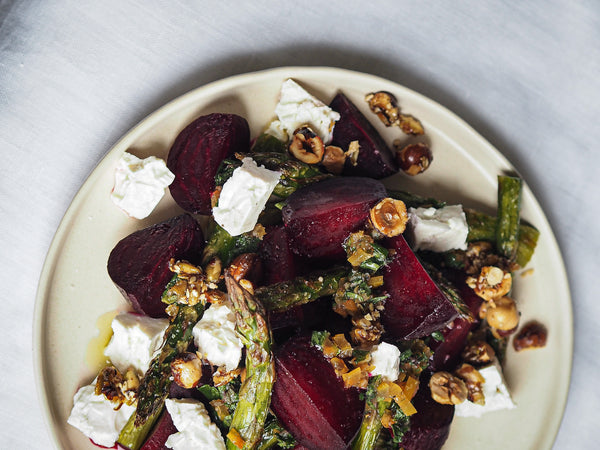 Whole Roasted Beets with Grilled Asparagus, Goats Cheese and Savoury Granola by Klara Risberg