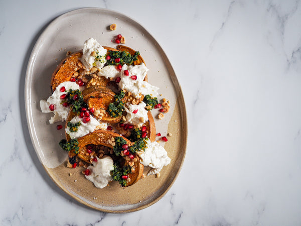 Roasted Delica Pumpkin with Burrata and Green Chilli and Preserved Lemon Relish by Klara Risberg